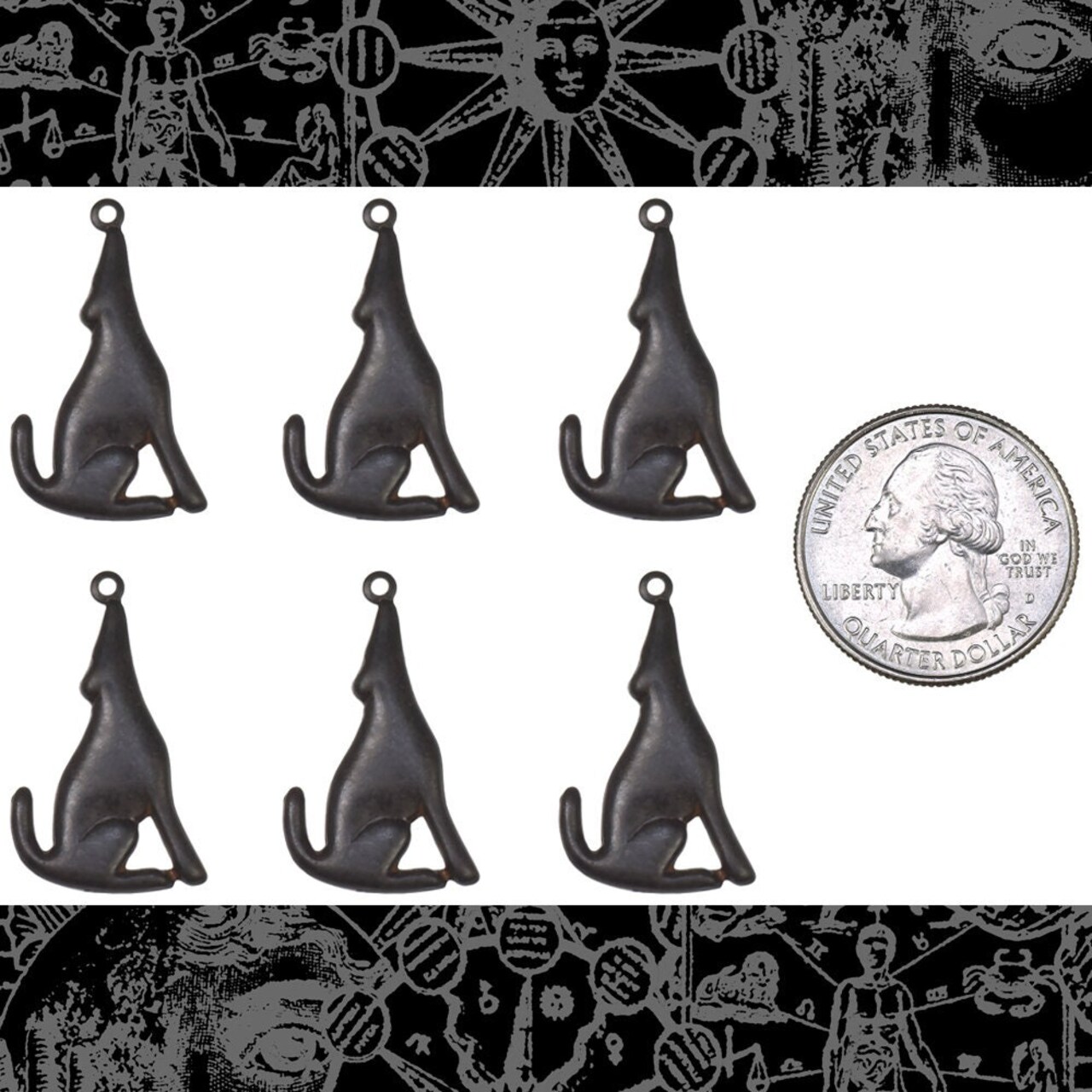 Chocolate Brown Plated Brass Howling Coyote or Wolf Charms - Set of Six - RB-C139